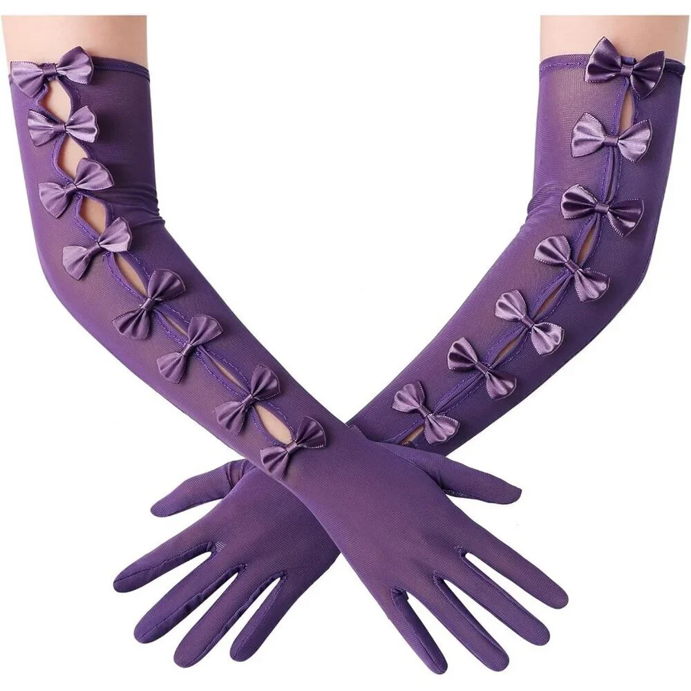 Women's Princess Purple Long Sleeves Gloves Bow Lace Mesh Tulle Party Prom